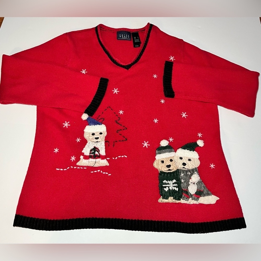 Vintage 90s Crazy Horse Nostalgia Christmas Dog Lover V neck sweater